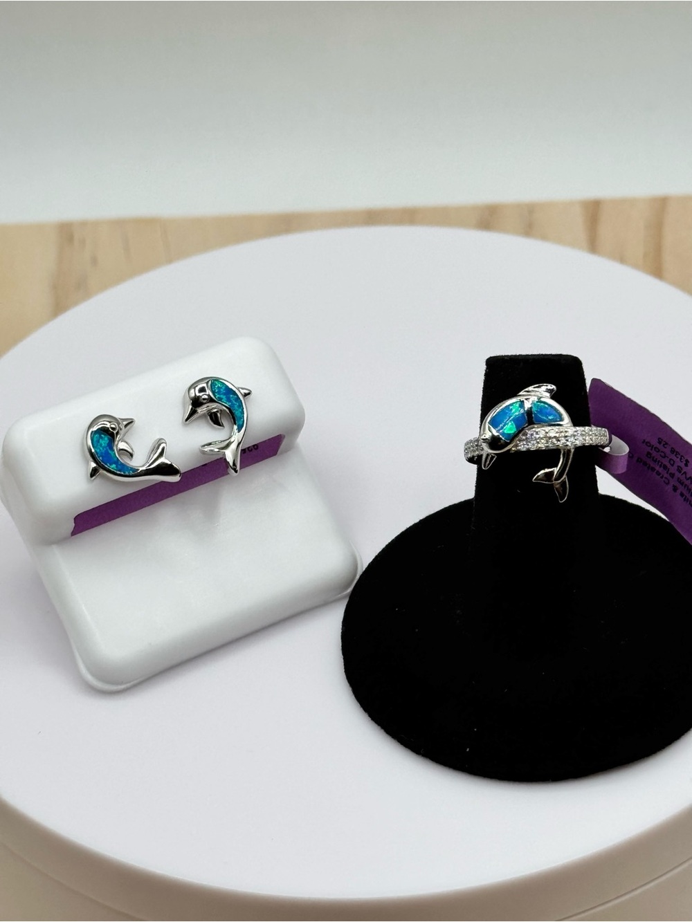 Blue Created Opal and Moissanite Dolphin Ring and Stud Earrings Set